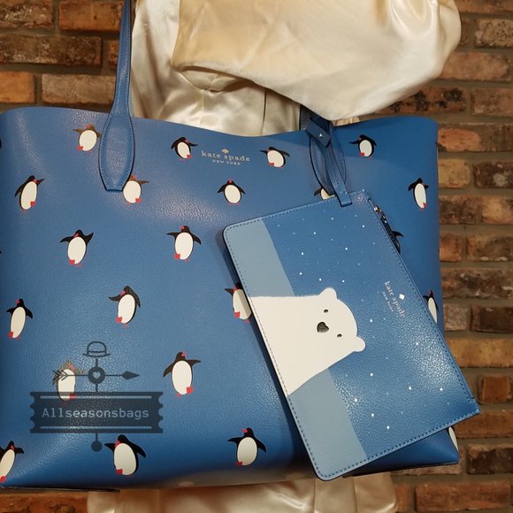 KATE SPADE ARCTIC FRIENDS PENGUIN LARGE REVERSIBLE TOTE W/WRISLET K4745 NWT $35 - Picture 4 of 9